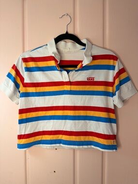 Vans White Striped Polo Shirt with Red, Yellow & Blue Stripes szSmall